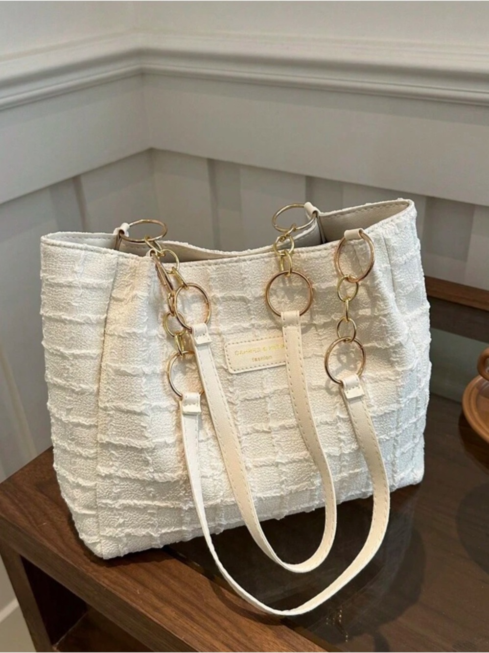 SHEIN Cream Textured Tote with Gold Ring Chain Handles